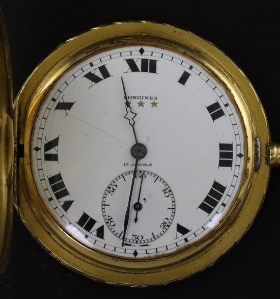An engraved 18k gold Longines hunter keyless dress pocket watch, hung from a three colour mesh gold suspension strap,